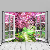 Aperturee - Bildhintergrund Weißes Fenster rosa Bäume Pfad Frühling