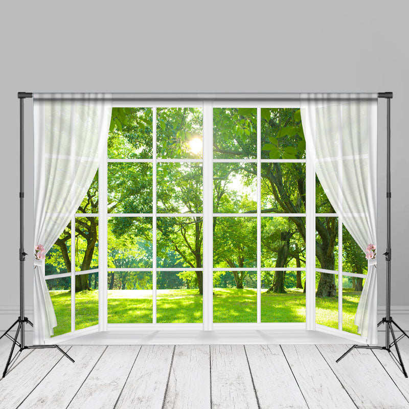 Aperturee - Weißer Fenstervorhang Wald DIY Frühlings Stoffhintergrund