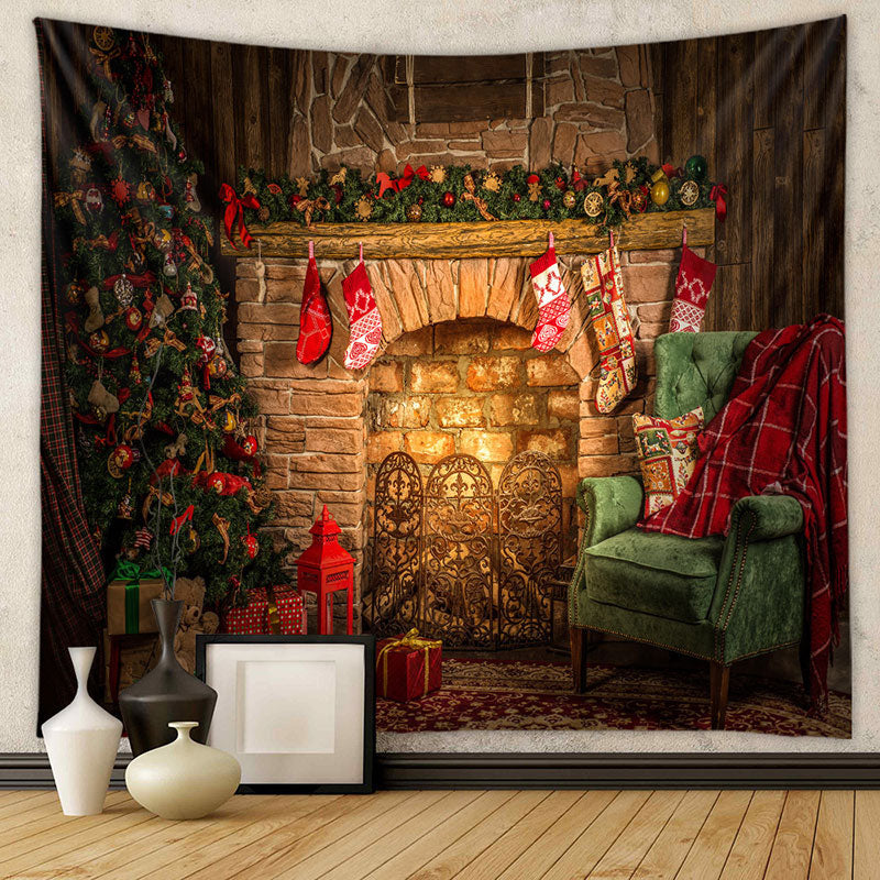 Aperturee - Vintage Kamin grünes Sofa Weihnachtshintergrund