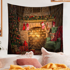 Aperturee - Vintage Kamin grünes Sofa Weihnachtshintergrund