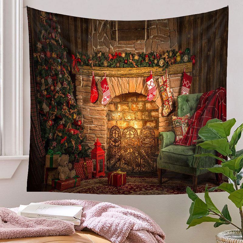 Aperturee - Vintage Kamin grünes Sofa Weihnachtshintergrund
