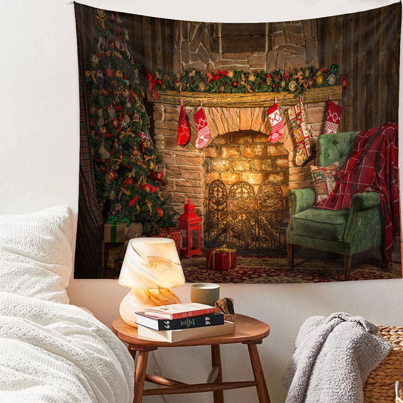 Aperturee - Vintage Kamin grünes Sofa Weihnachtshintergrund