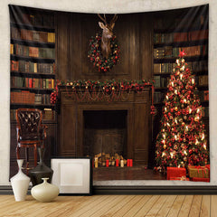 Aperturee - Vintage Bücherregal Hirschkranz Weihnachtskulisse