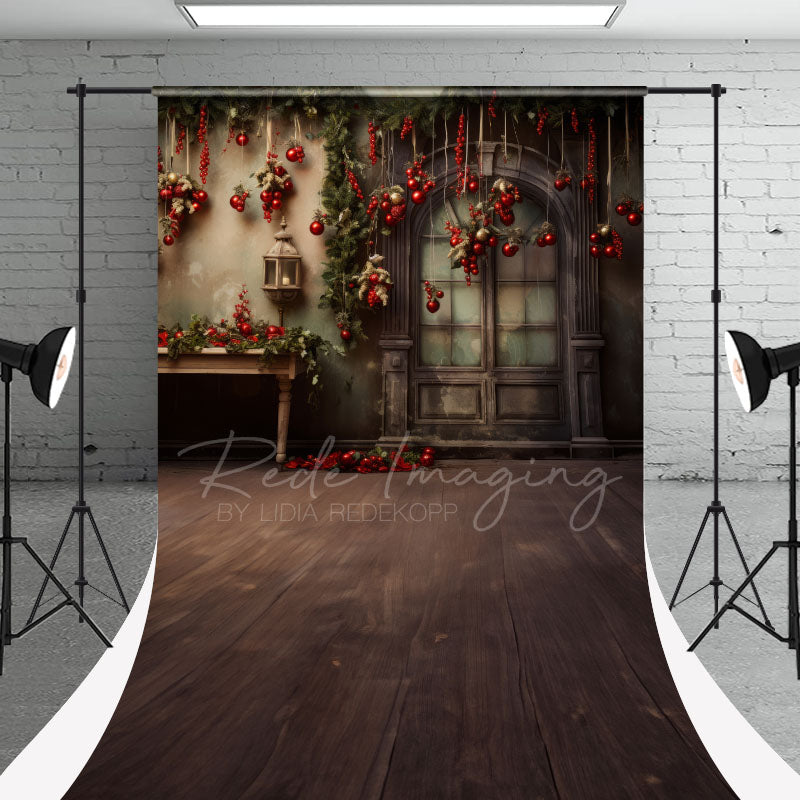 Aperturee - Rote Kugel Vintage Tür Weihnachten Fotoshooting Hintergrund