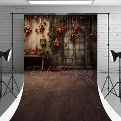 Aperturee - Rote Kugel Vintage Tür Weihnachten Fotoshooting Hintergrund
