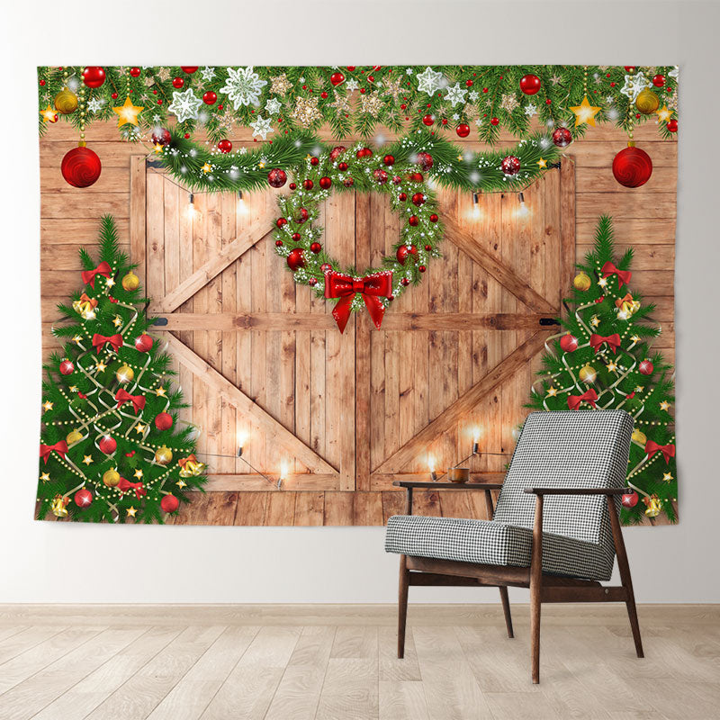 Aperturee - Rote Kugeln Kranz Holztür Weihnachtsbaum Hintergrund
