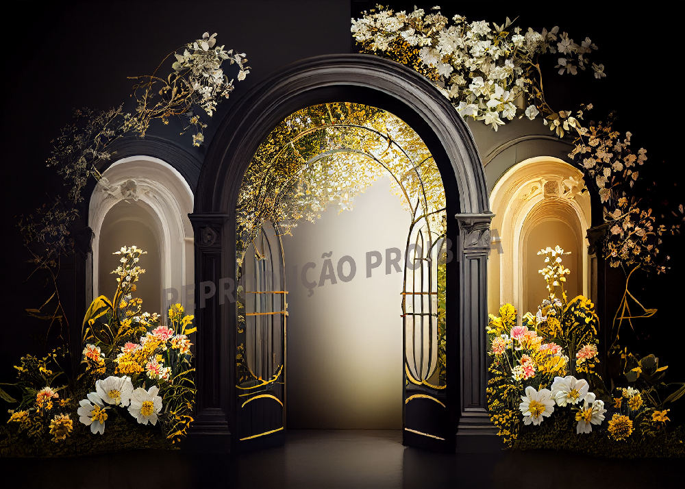 Aperturee – Schwarzer Bogentür Fotohintergrund mit weißem Blumenmuster