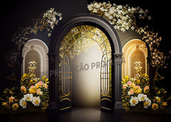 Aperturee – Schwarzer Bogentür Fotohintergrund mit weißem Blumenmuster