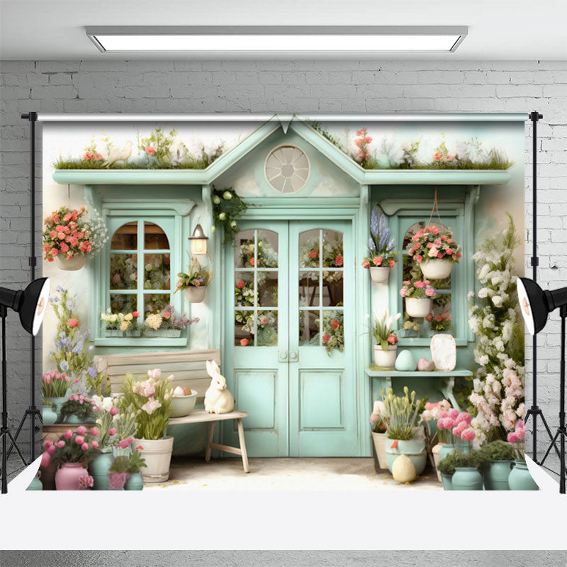 Aperturee - Blaue Tür farbenfroher Blumenhasen Osterhintergrund