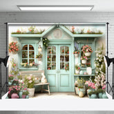 Aperturee - Blaue Tür farbenfroher Blumenhasen Osterhintergrund