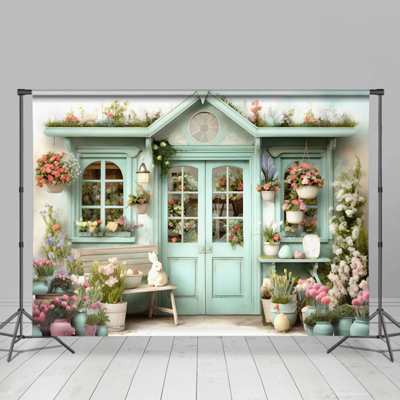 Aperturee - Blaue Tür farbenfroher Blumenhasen Osterhintergrund