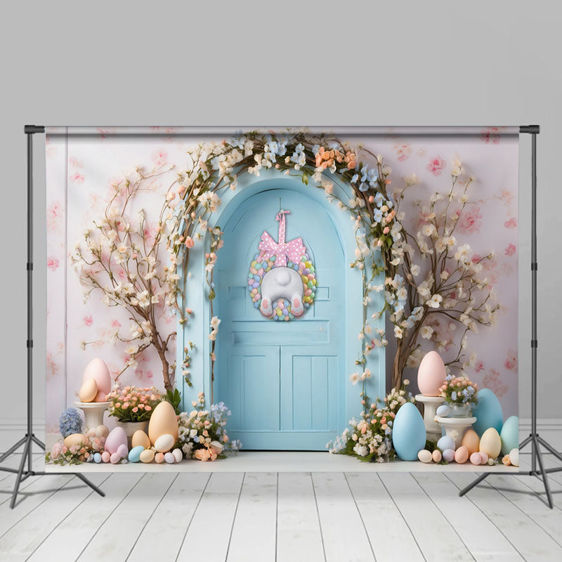 Aperturee - Blaue Tür Blumen bunte Eier Ostern Hintergrund
