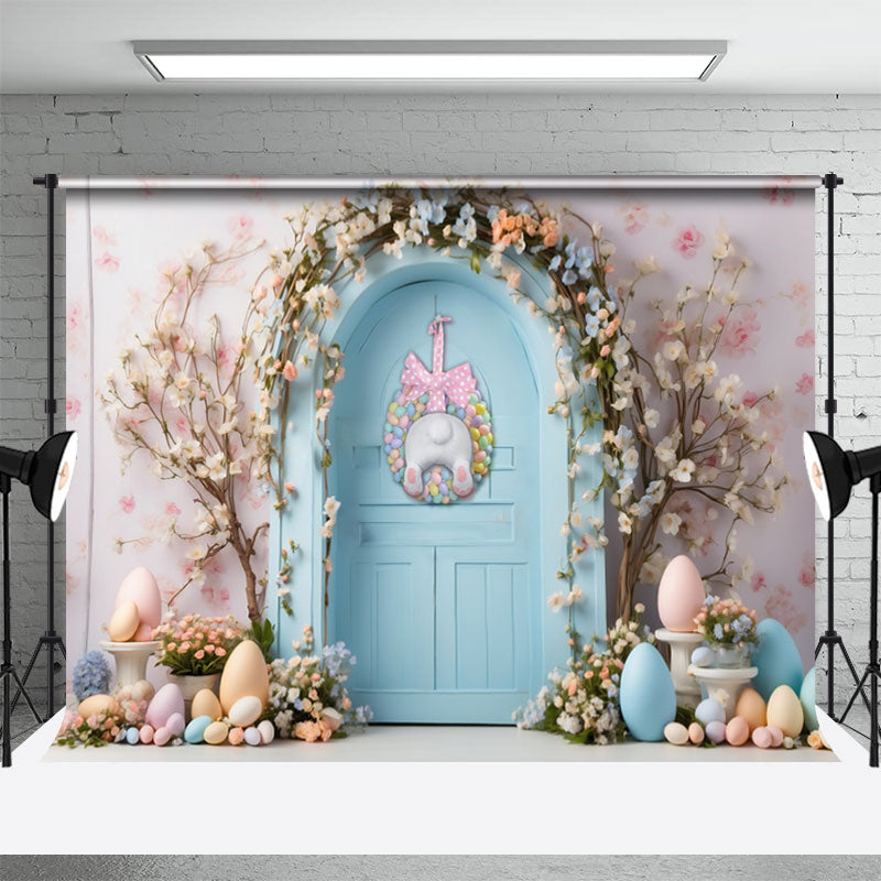 Aperturee - Blaue Tür Blumen bunte Eier Ostern Hintergrund