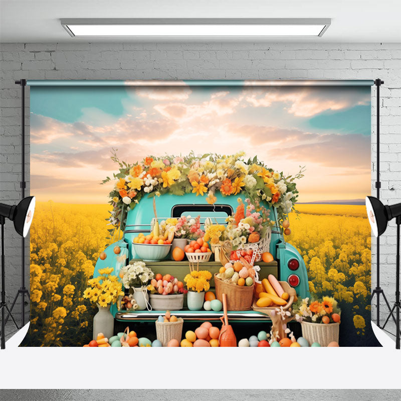 Aperturee - Blauer LKW Rapsblumen Eier Osterhintergrund