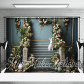 Aperturee - Blaue Wand Blumeneier weißes Kaninchen Osterhintergrund