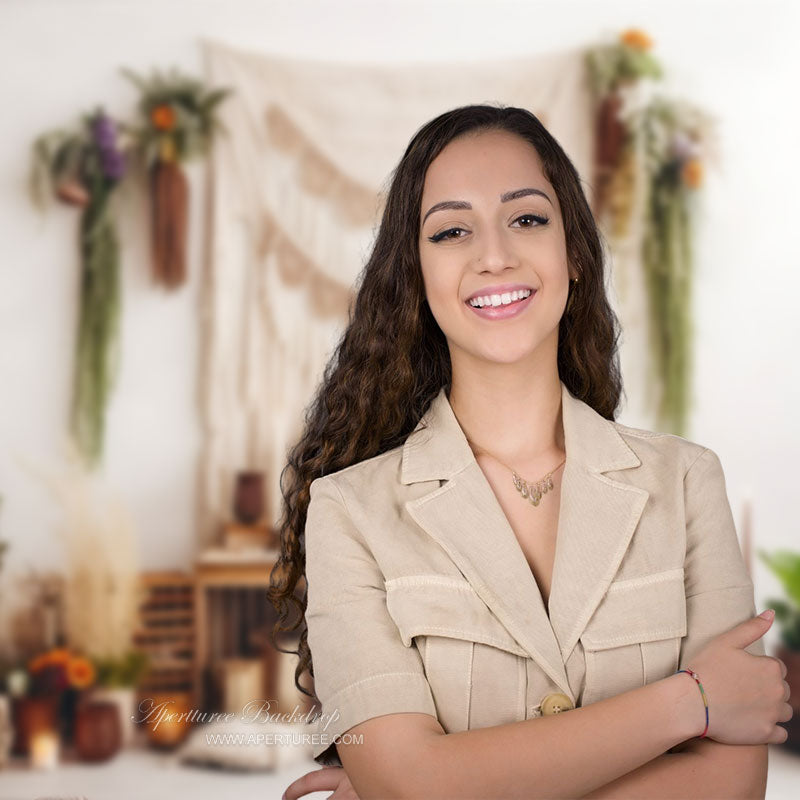 Aperturee – Boho Beige Vorhang Pflanzen Blumen Fotografie Hintergrund