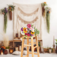 Aperturee – Boho Beige Vorhang Pflanzen Blumen Fotografie Hintergrund