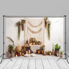 Aperturee – Boho Beige Vorhang Pflanzen Blumen Fotografie Hintergrund