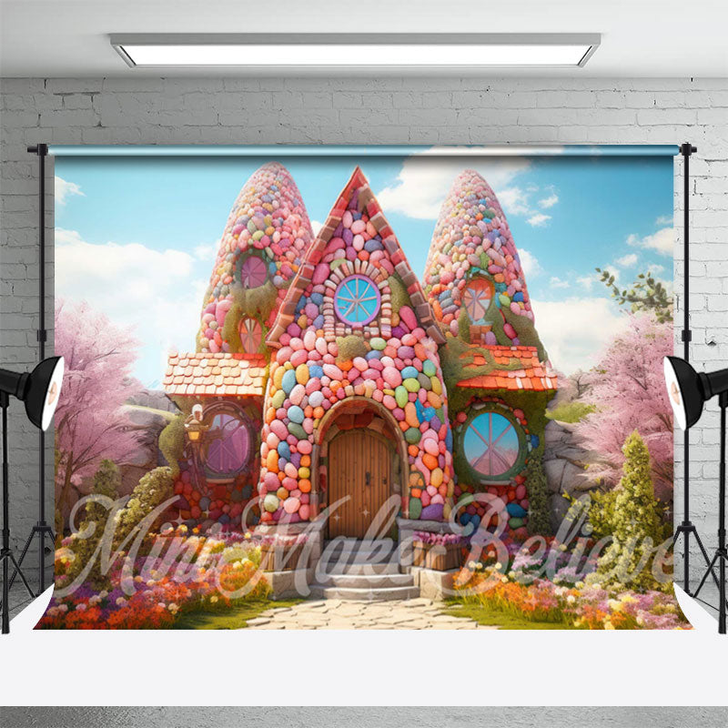 Aperturee - Süßigkeiten bunte Eier Haus Sakura Ostern Hintergrund