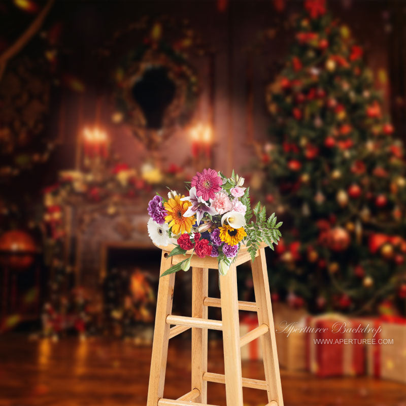 Aperturee - Weihnachtsbaum Kamin Vintage Fotohintergrund