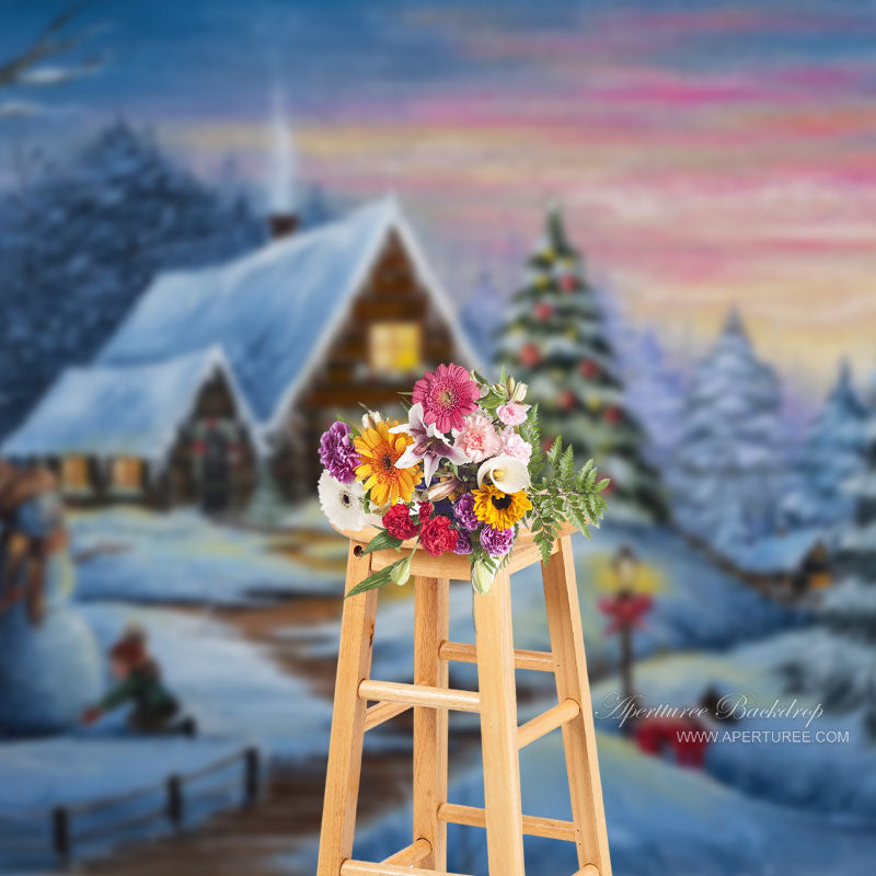 Aperturee - Weihnachtsbaum Wald Schneemann Holzhütte Hintergrund