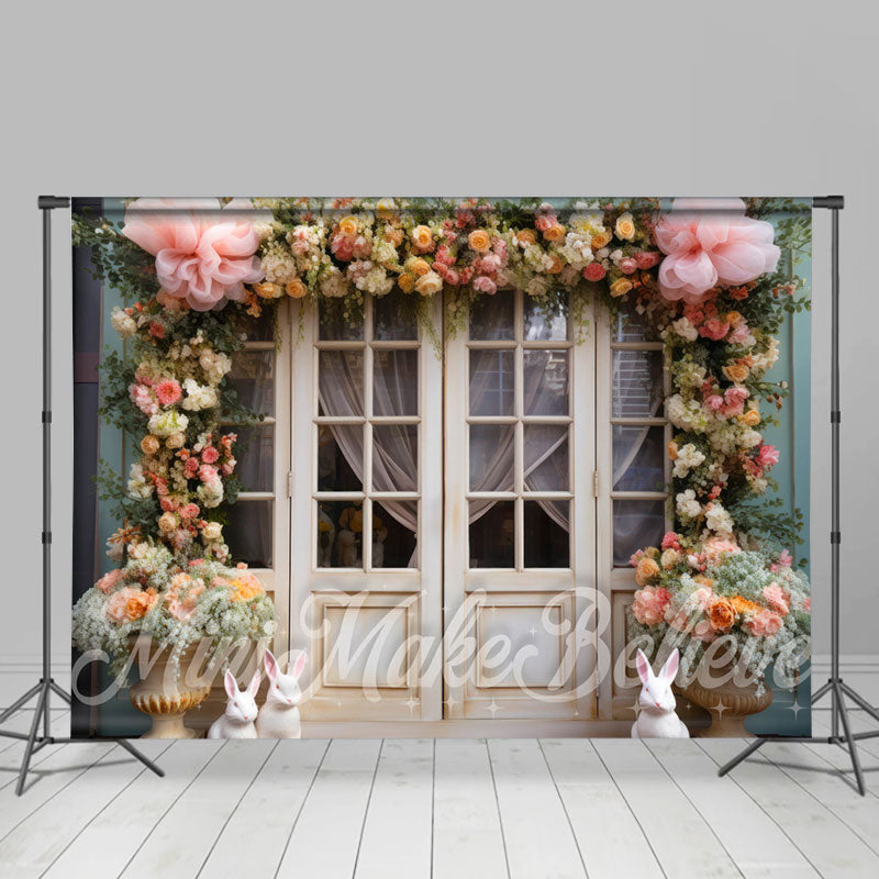 Aperturee - Bunter Blumen weißer Tür Kaninchen Ostern Hintergrund
