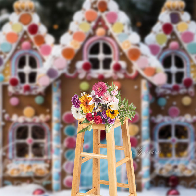 Aperturee - Bunter Lebkuchenhaus Schnee Bokeh Weihnachtshintergrund