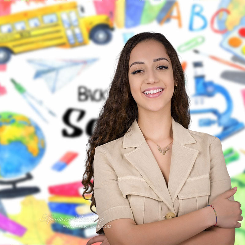 Aperturee - Bunte Subjekt Tools Taschen Bus Zurück zu Schule Hintergrund