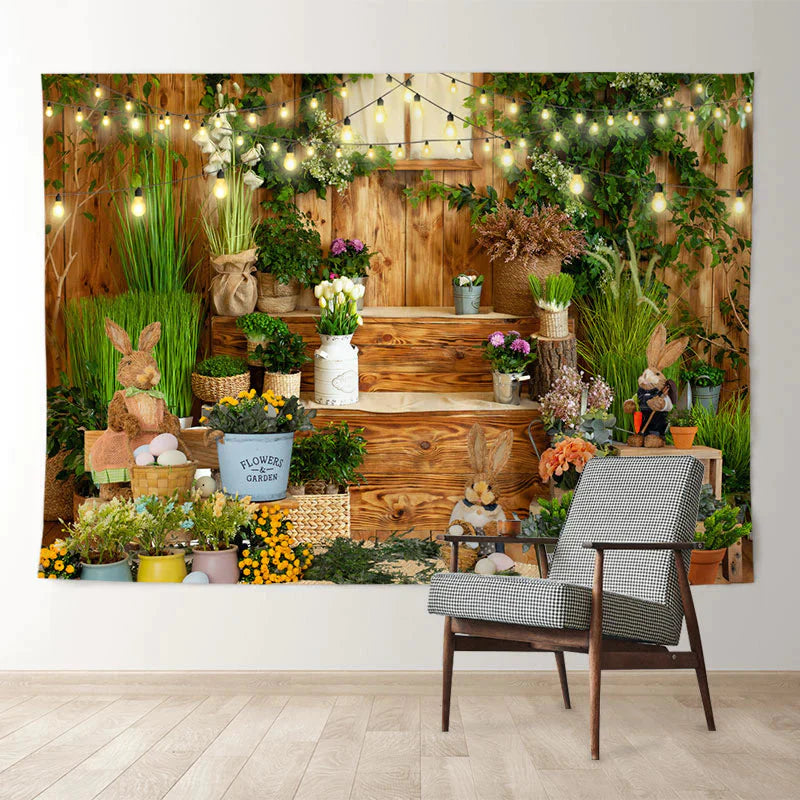 Aperturee - Niedlicher Kaninchengarten Holz Fröhlicher Ostertag Hintergrund