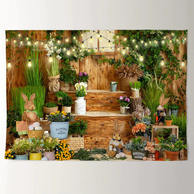 Aperturee - Niedlicher Kaninchengarten Holz Fröhlicher Ostertag Hintergrund