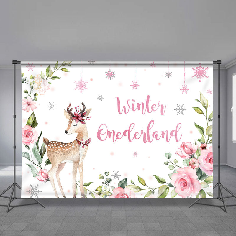 Aperturee - Hirsch Winter Onederland Floraler Geburtstagshintergrund