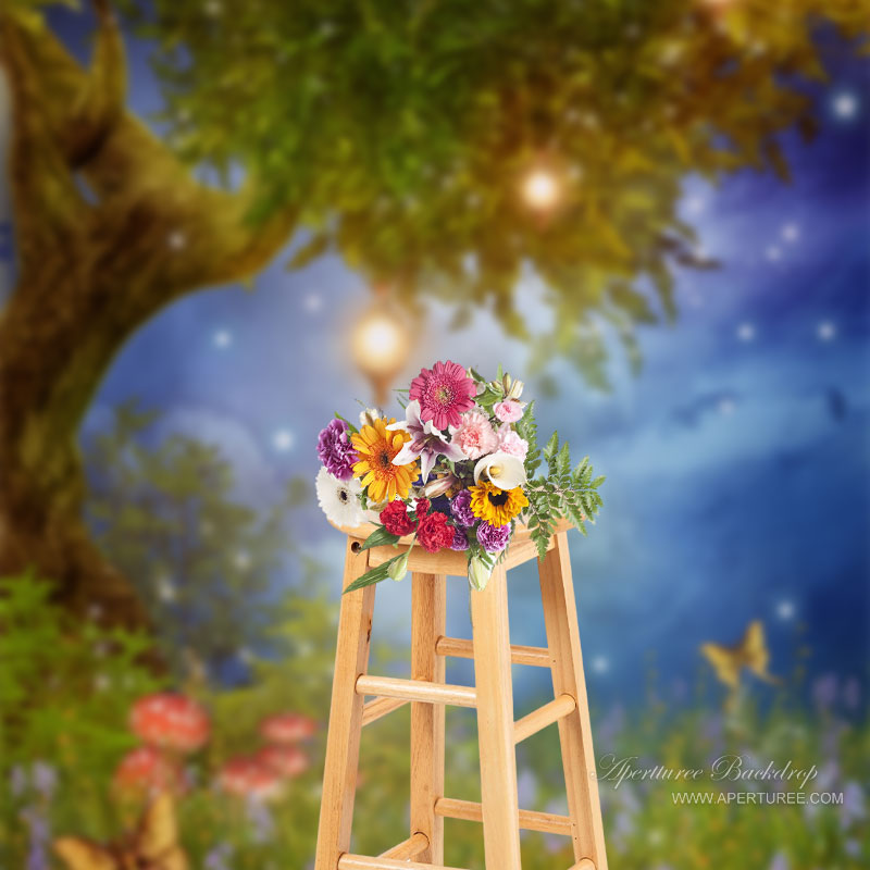 Aperturee - Feenbaum Lampen Blumen Pilz Schmetterlings Hintergrund