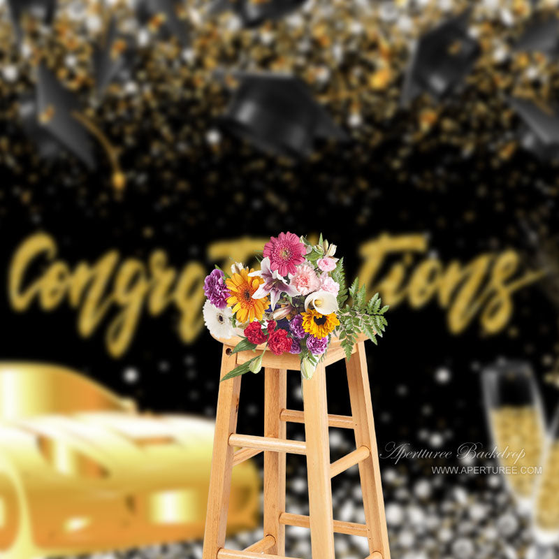 Aperturee - Fotohintergrund Fallen Hats Golden Car Herzlichen Glückwunsch