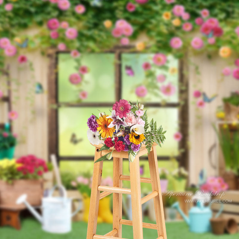 Aperturee – Blumengarten Holzwandfenster Bokeh Fotohintergrund