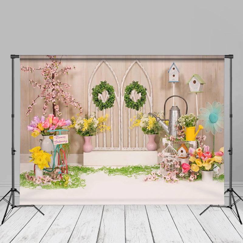 Aperturee - Garten Blumen Rustikaler Frühlingshintergrund aus Holz für Fotos
