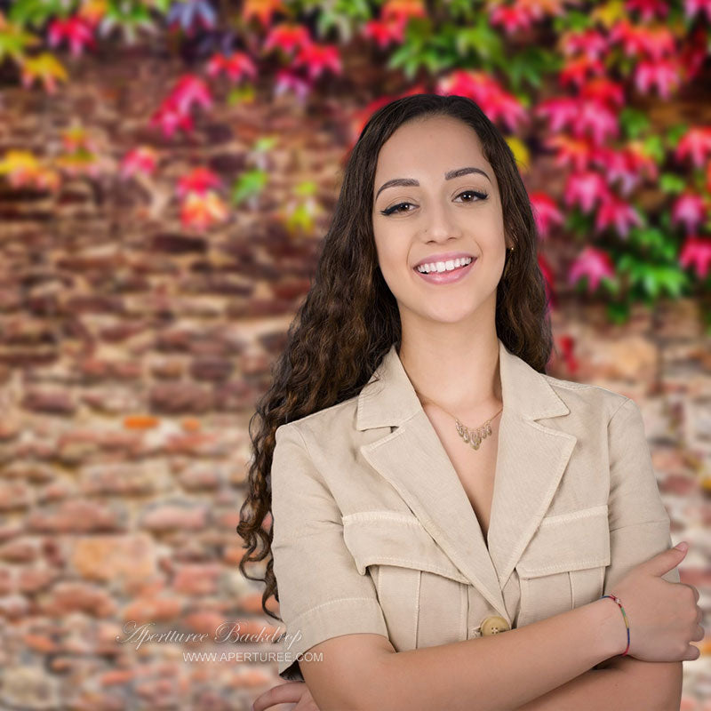 Aperturee - Rot grüne Blätter Vintage Backsteinmauer Fotohintergrund