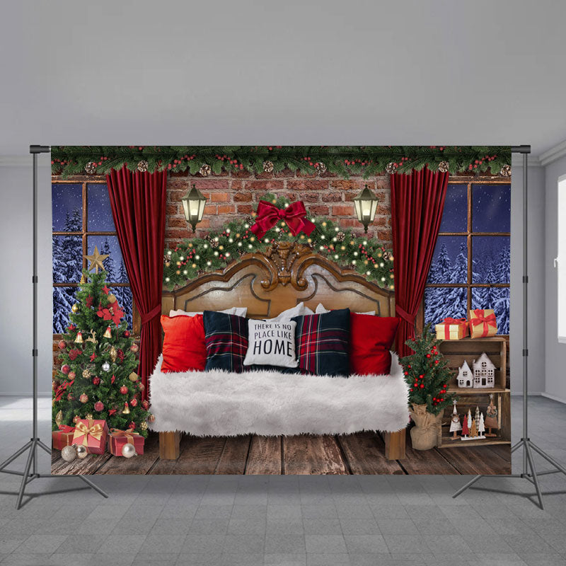 Aperturee - Wohnzimmer Deko Baum roter Vorhang Weihnachtsabend Hintergrund