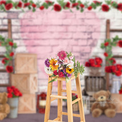 Aperturee - Fotohintergrund „Love Teddy Bears Red Rose Brick Wall“.