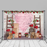 Aperturee - Fotohintergrund „Love Teddy Bears Red Rose Brick Wall“.
