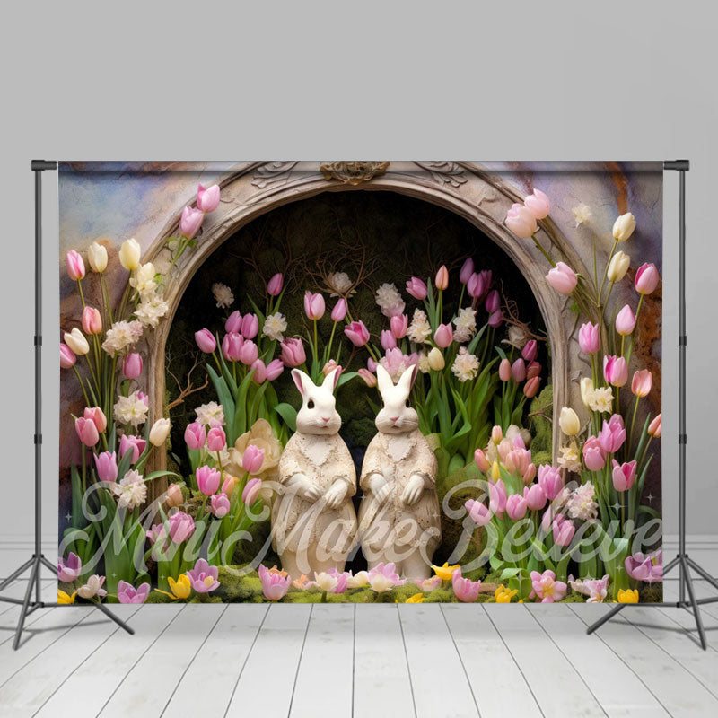 Aperturee - Hübscher Hasen Tulpen Blumenbogen Loch Osterhintergrund
