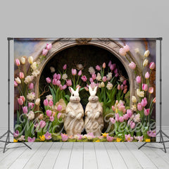 Aperturee - Hübscher Hasen Tulpen Blumenbogen Loch Osterhintergrund