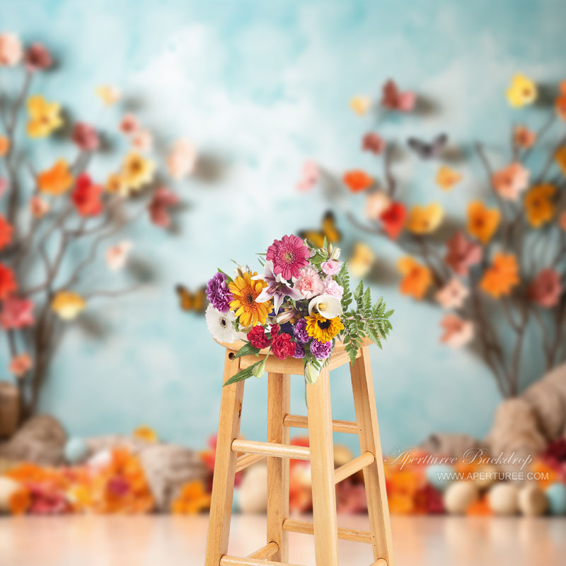 Aperturee – Fotohintergrund aus Papier mit Blumenmuster Schmetterling und blauem Himmel