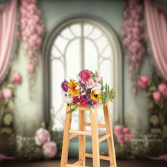 Aperturee – Fotohintergrund mit rosa Blumenmuster grüner Wand Fenster Boden