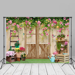 Aperturee – Rosa Blumen Holztür und Fensterhintergrund für Fotos