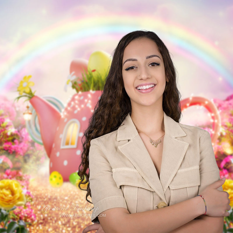 Aperturee - Rosa Teekannenhaus Regenbogen Blumen Frühlingshintergrund