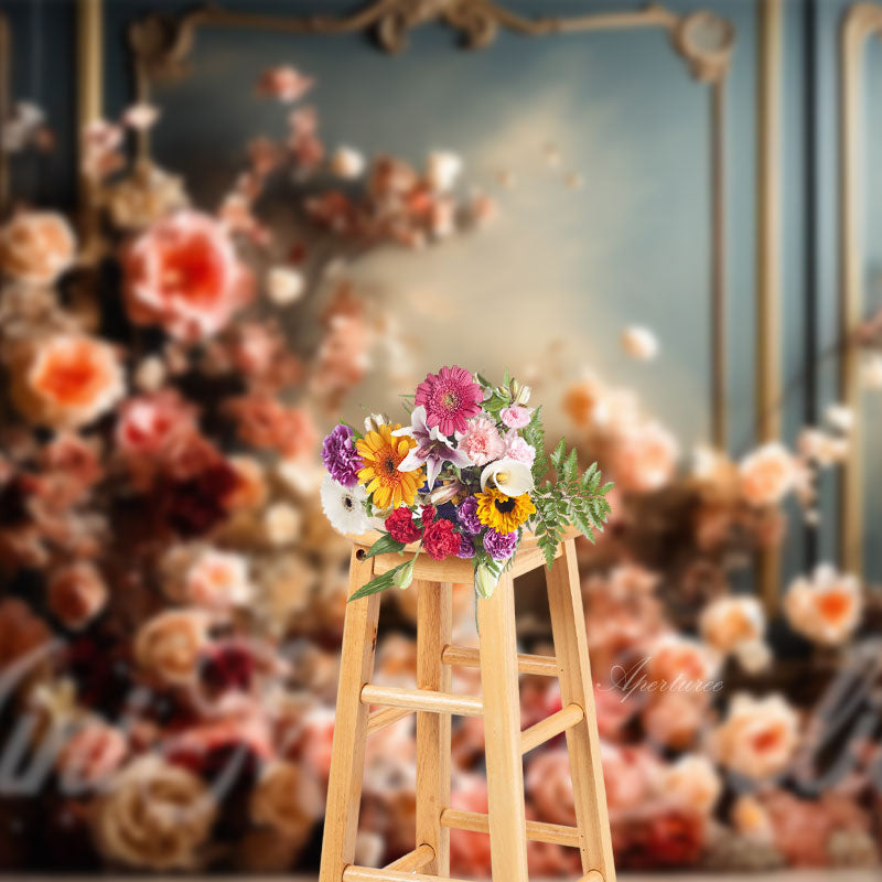Aperturee - Rosa Vintage florale blaue Wand Kunstkulisse