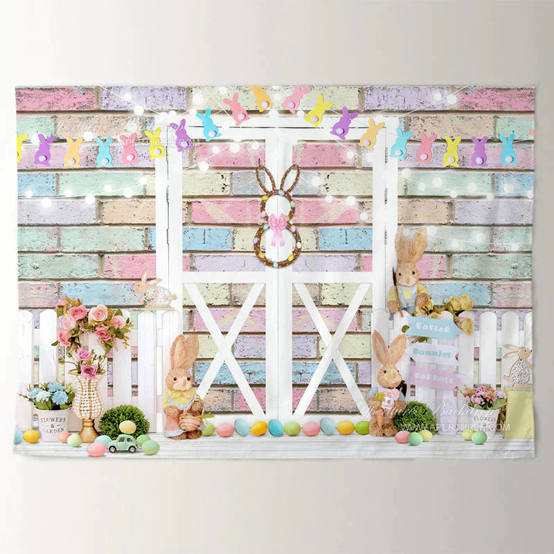 Aperturee - Kaninchen bunter Backstein weißer Zaun Ostern Hintergrund