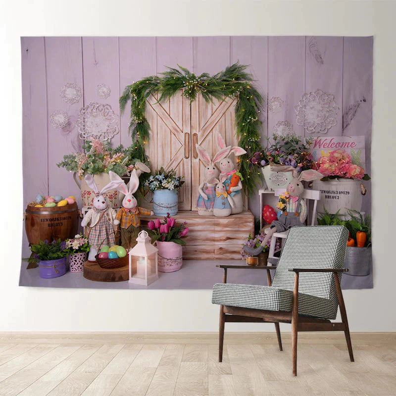 Aperturee - Kaninchenfamilie Holztür Garten Ostertag Hintergrund