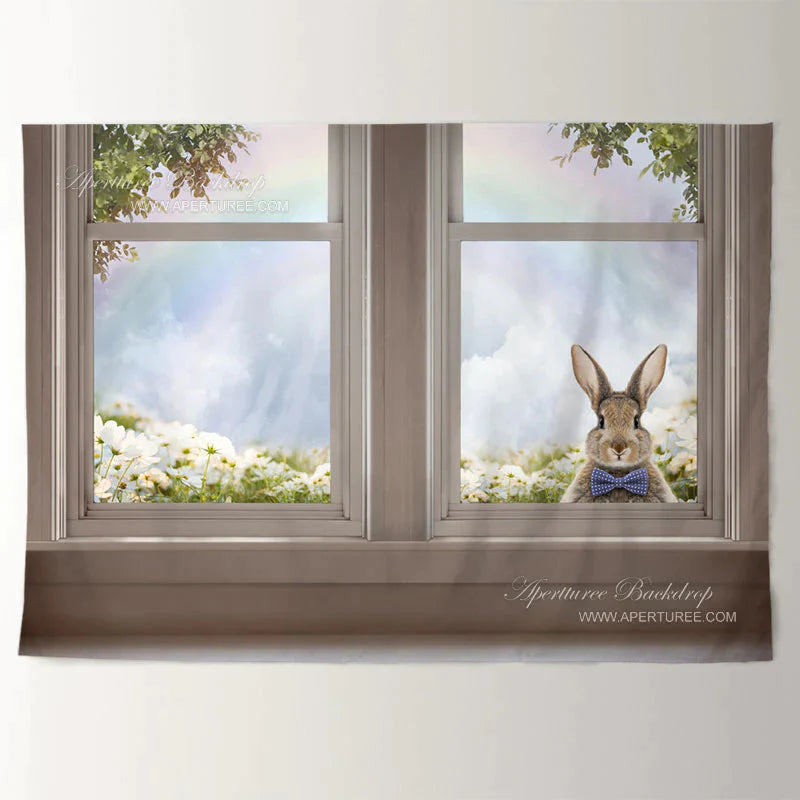 Aperturee - Kaninchen aus dem Fenster Blumen Regenbogen Ostertagsbanner