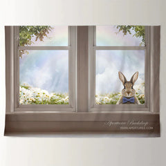 Aperturee - Kaninchen aus dem Fenster Blumen Regenbogen Ostertagsbanner